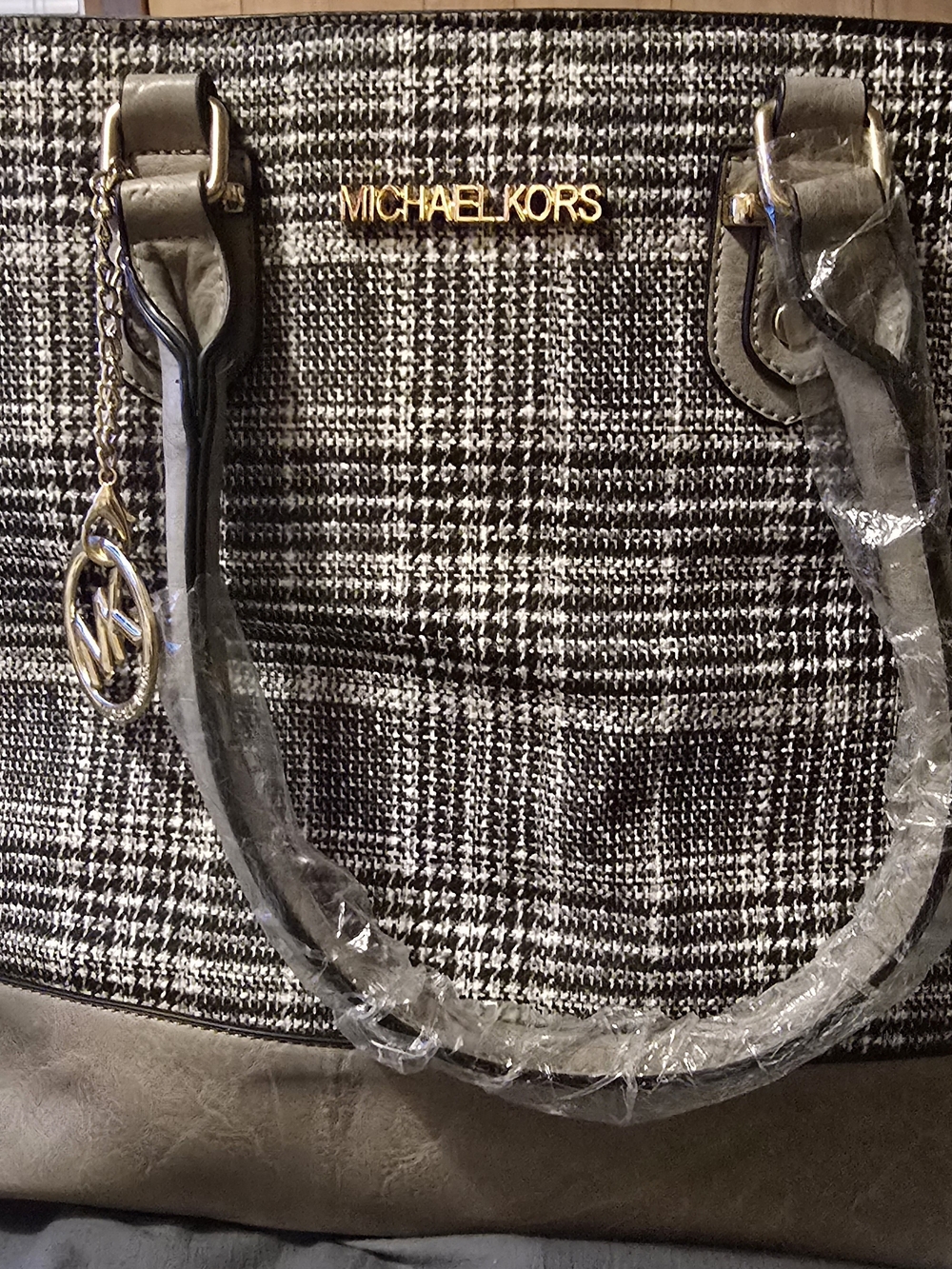 Michael Kors Black & White Plaid Tote with Gold Hardware